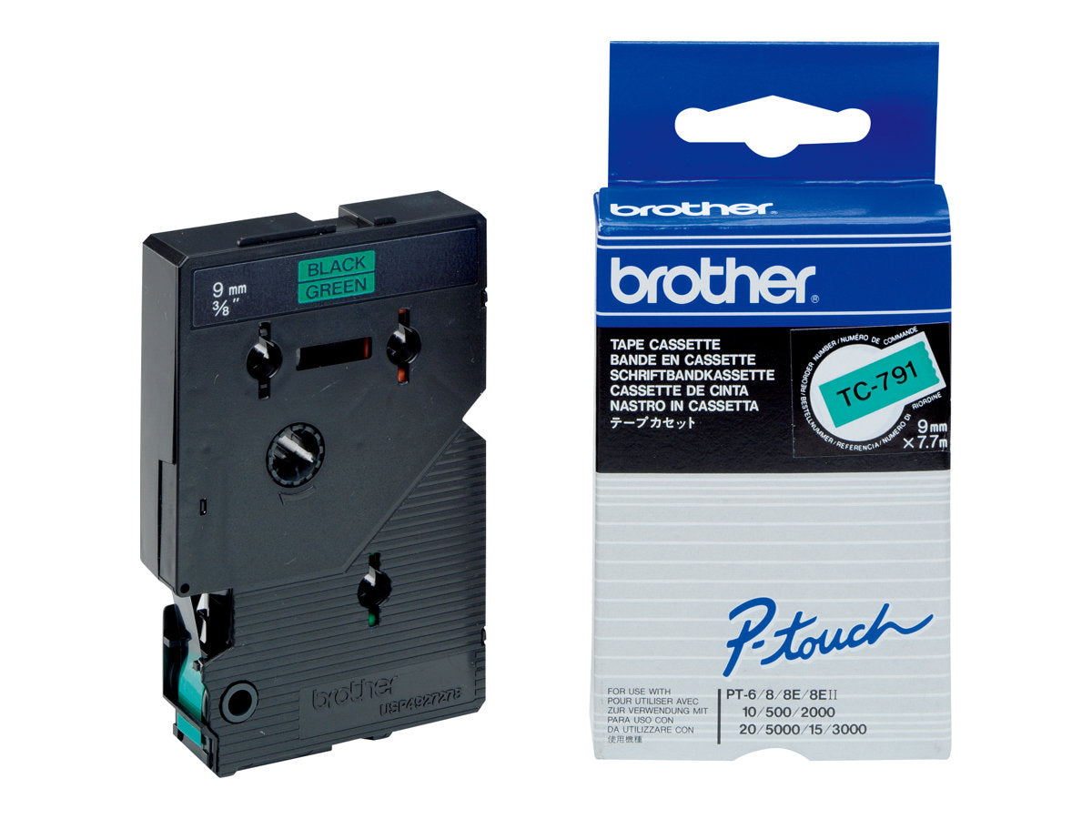 BROTHER P-Touch TC-791 schwarz auf grün 9mm Vorderansicht