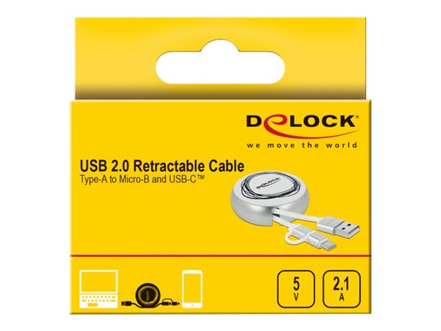 DELOCK USB 2.0 Aufrollkabel Typ-A zu Micro-B und Lightning 8 Pin - Vorderansicht