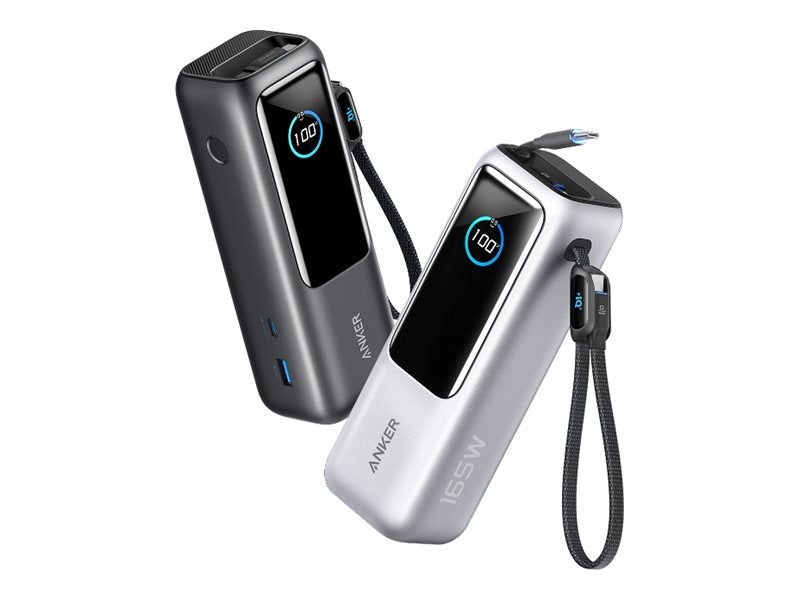 ANKER PowerBank 25.000mAh 165W 3x 100W USB-C 1x USB-A Smart Display zwei integrierte Ladekabel flugsicher nach CCC silber