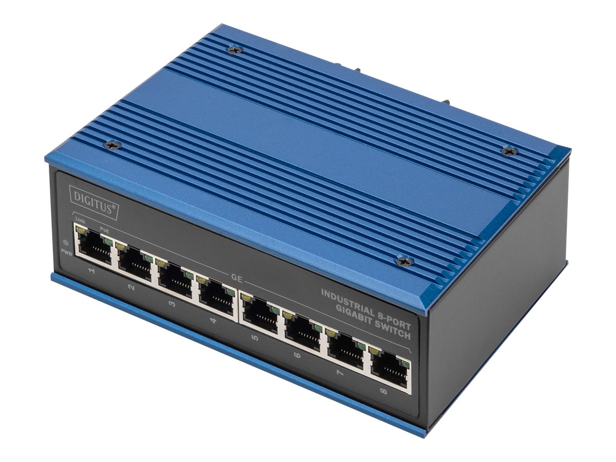 DIGITUS Industrieller 8-Port Gigabit PoE Switch Vorderansicht