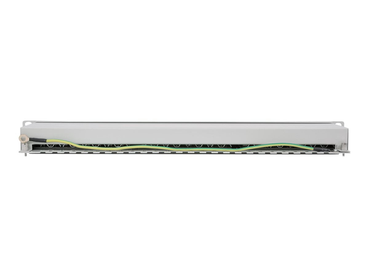 INTELLINET 24-Port Cat6a Patchpanel geschirmt 24 Ports FTP 1 HE Klemmleisten mit 90 Grad abgewinkelten Kabeleinfuehrungen grau