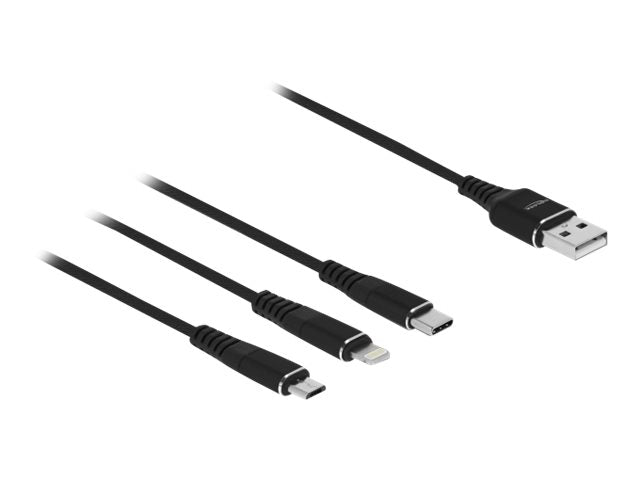 DELOCK USB Ladekabel 3 in 1 für Lightning/Micro USB/USB Type-C 30cm schwarz - Detailansicht der Anschlüsse