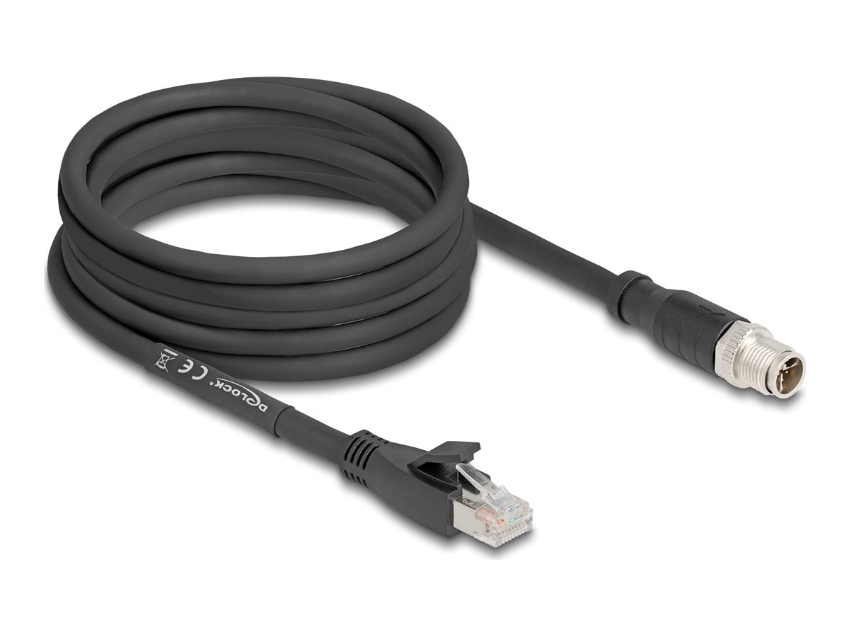 DELOCK M12 Kabel X-kodiert 8 Pin Stecker zu RJ45 Stecker Cat.5e S/FTP flexibel 5m schwarz - Vorderansicht