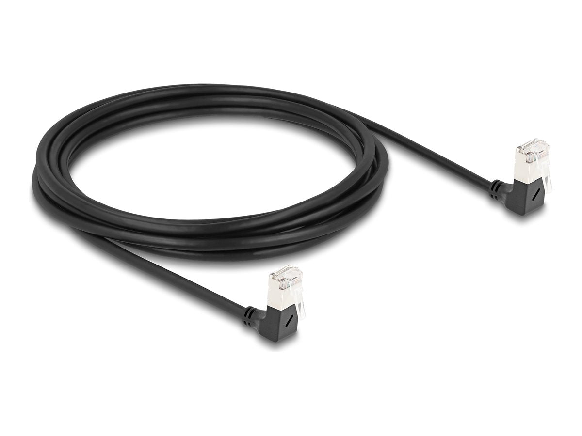 DELOCK RJ45 Netzwerkkabel Cat.6A S/FTP Slim 90 unten / unten gewinkelt 3m schwarz - Vorderansicht