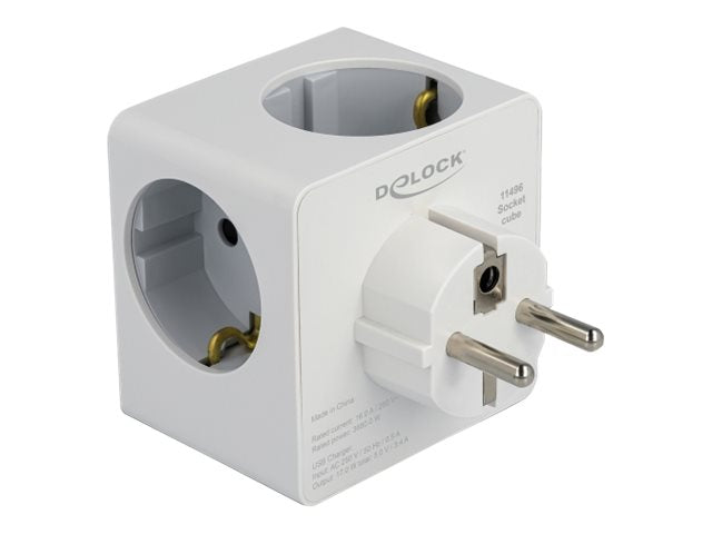 DELOCK Steckdosenwürfel 3-fach mit Kindersicherung und USB Ladegerät - Vorderansicht