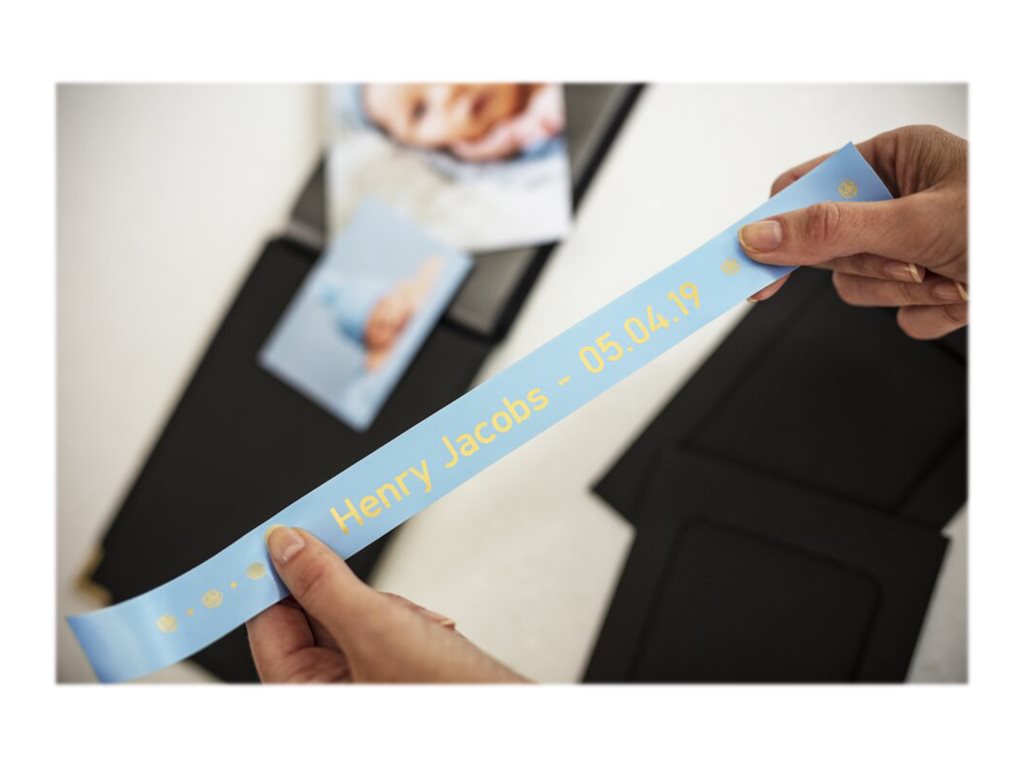 BROTHER P-Touch 24mm light blue/gold ribbon tape Anwendung
