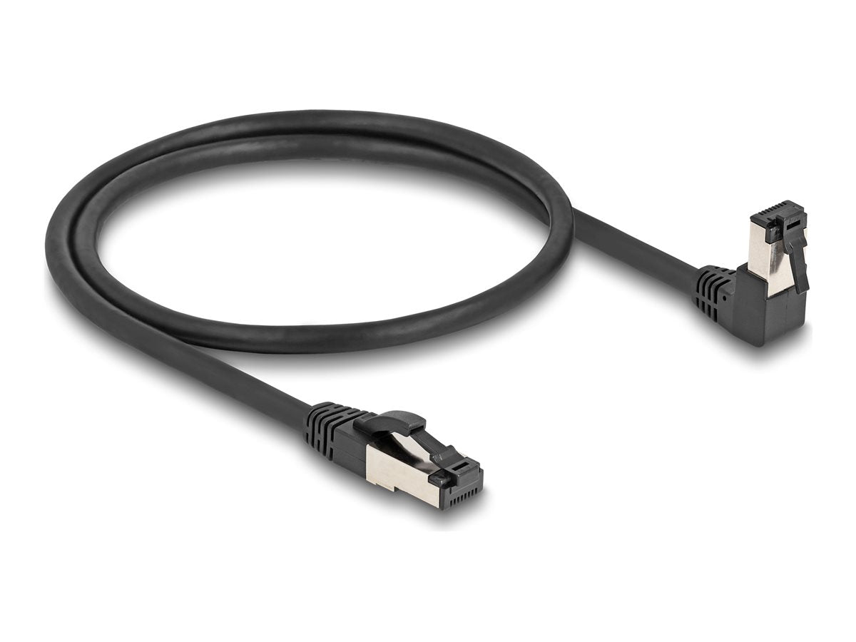 DELOCK RJ45 Netzwerkkabel Cat.8.1 S/FTP 90 unten gewinkelt / gerade 0,5m schwarz - Vorderansicht