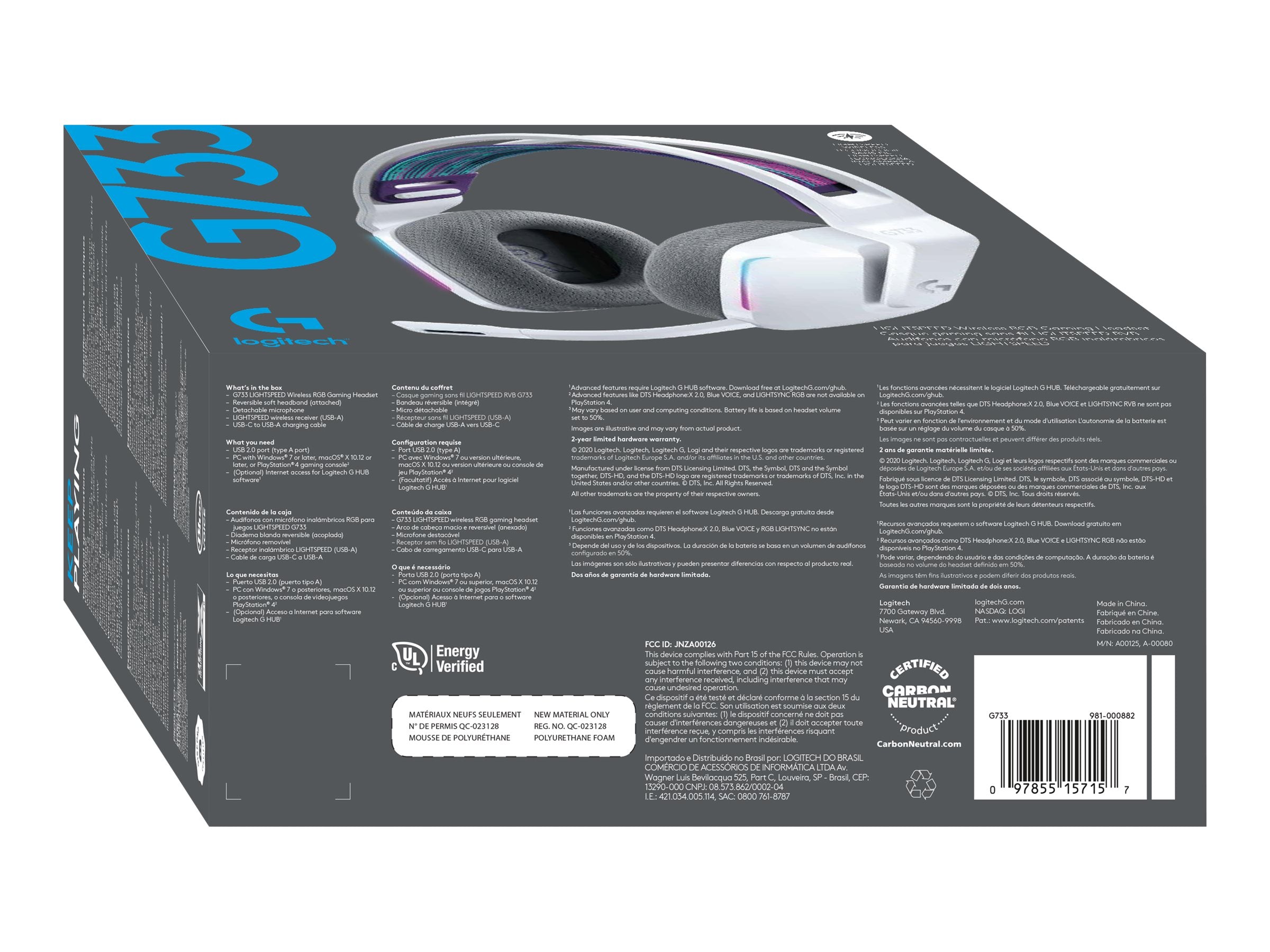 LOGITECH G G733 LIGHTSPEED Wireless RGB Gaming Headset Headset full size 2.4 GHz wireless white