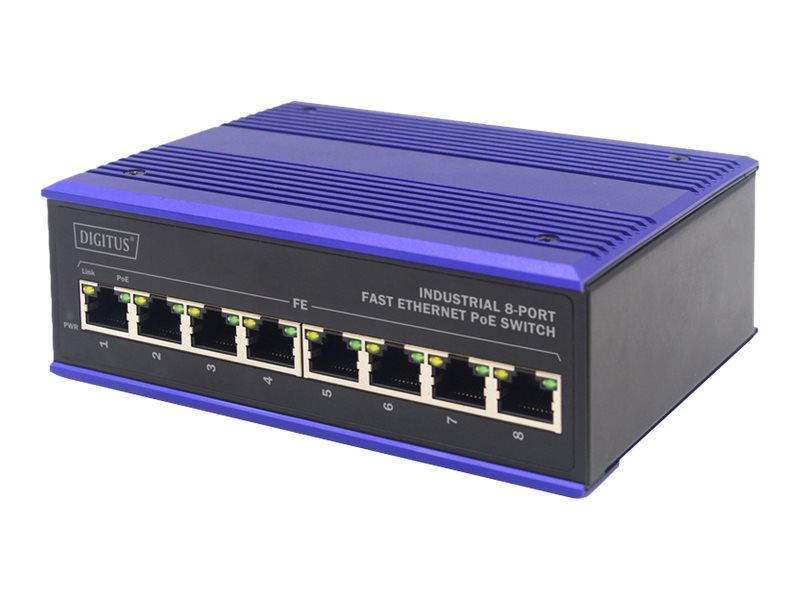 DIGITUS Industrieller 8-Port Fast Ethernet PoE Switch Vorderansicht