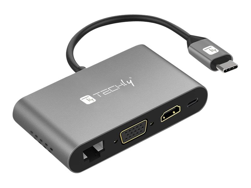 TECHLY Adapter USB 3.1 Typ C auf USB 3.0 Typ A HDMI VGA RJ45 USB Typ C 2xMicro SD - Vorderansicht
