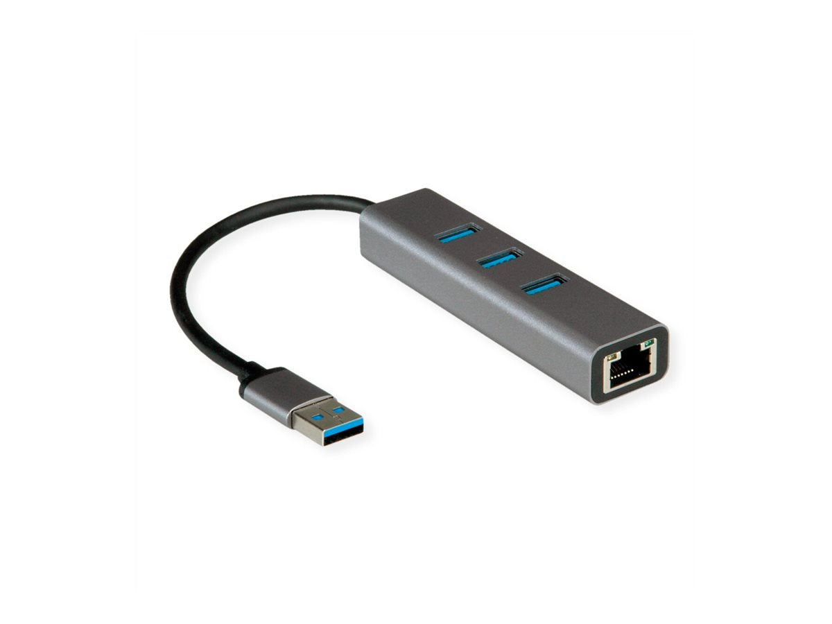ROLINE USB 3.2 Gen 1 zu Gigabit Ethernet Konverter + Hub 3x - Vorderansicht