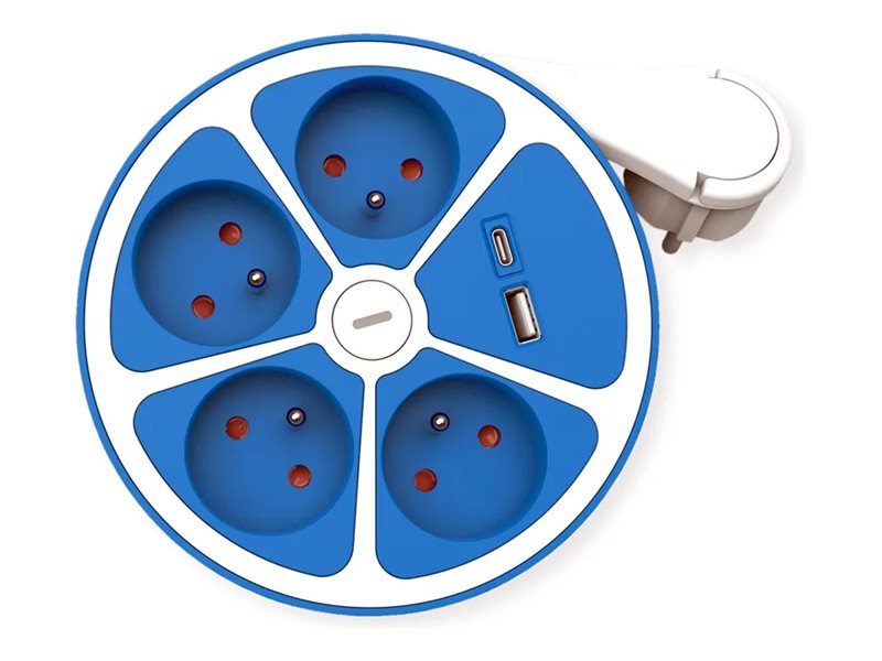 ROLINE 4-fach Steckdosenleiste mit Schalter rund UTE Version USB-Charger A+C blau 1,5m - Vorderansicht