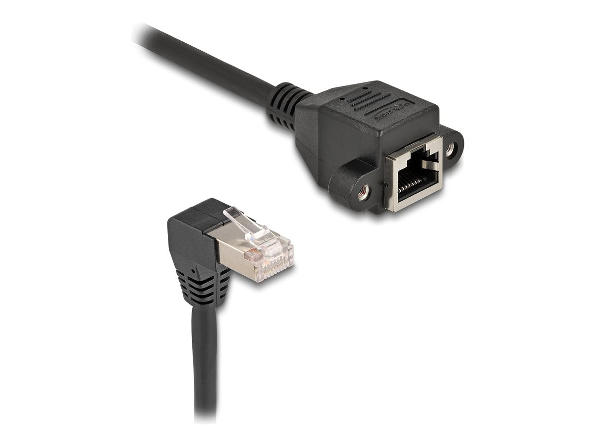 DELOCK Netzwerk Verlängerungskabel S/FTP Stecker RJ45 90° zu RJ45 Einbaubuchse Cat.6A 2m schwarz - Vorderansicht