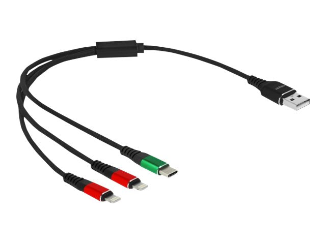 DELOCK USB Ladekabel 3 in 1 Typ-A zu 2 x Lightning / USB Type-C 30cm - Vorderansicht