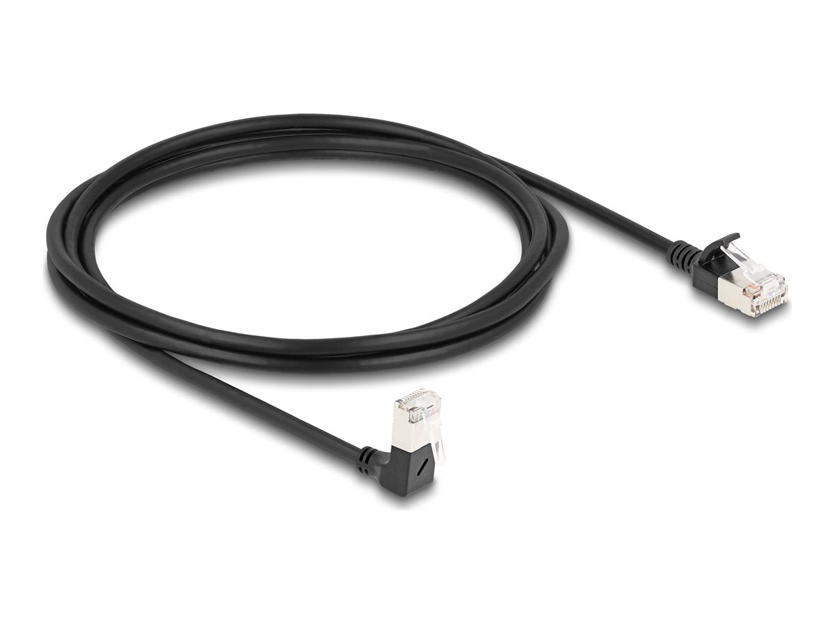 DELOCK RJ45 Netzwerkkabel Cat.6A S/FTP Slim 90 unten gewinkelt / gerade 2m schwarz - Vorderansicht