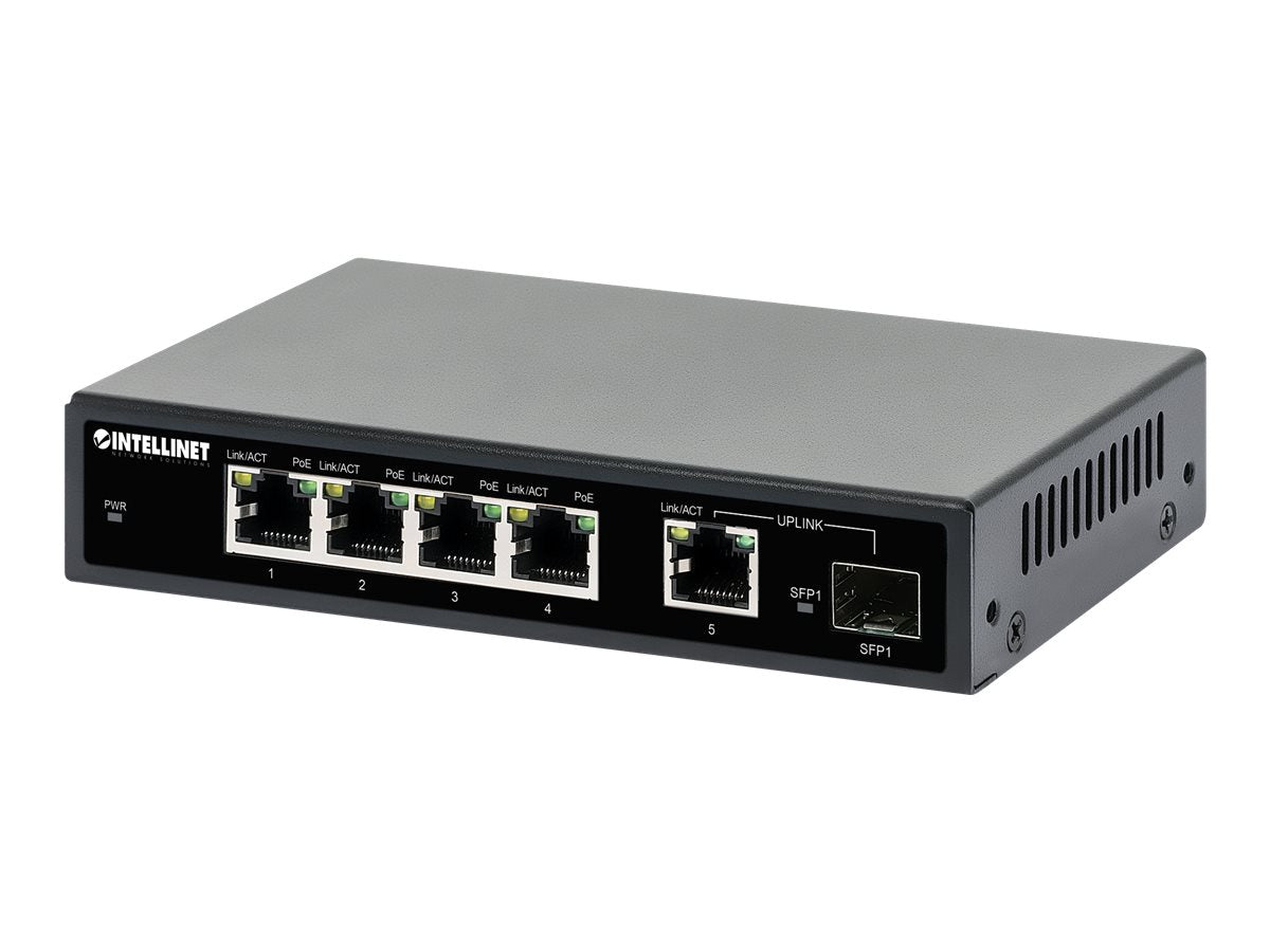 INTELLINET 5-Port Gigabit Ethernet PoE+ Switch mit SFP-Port 4 PSE PoE-Ports PoE+/PoE-konform PoE-Strombudget 91W Desktop/Wandmontage