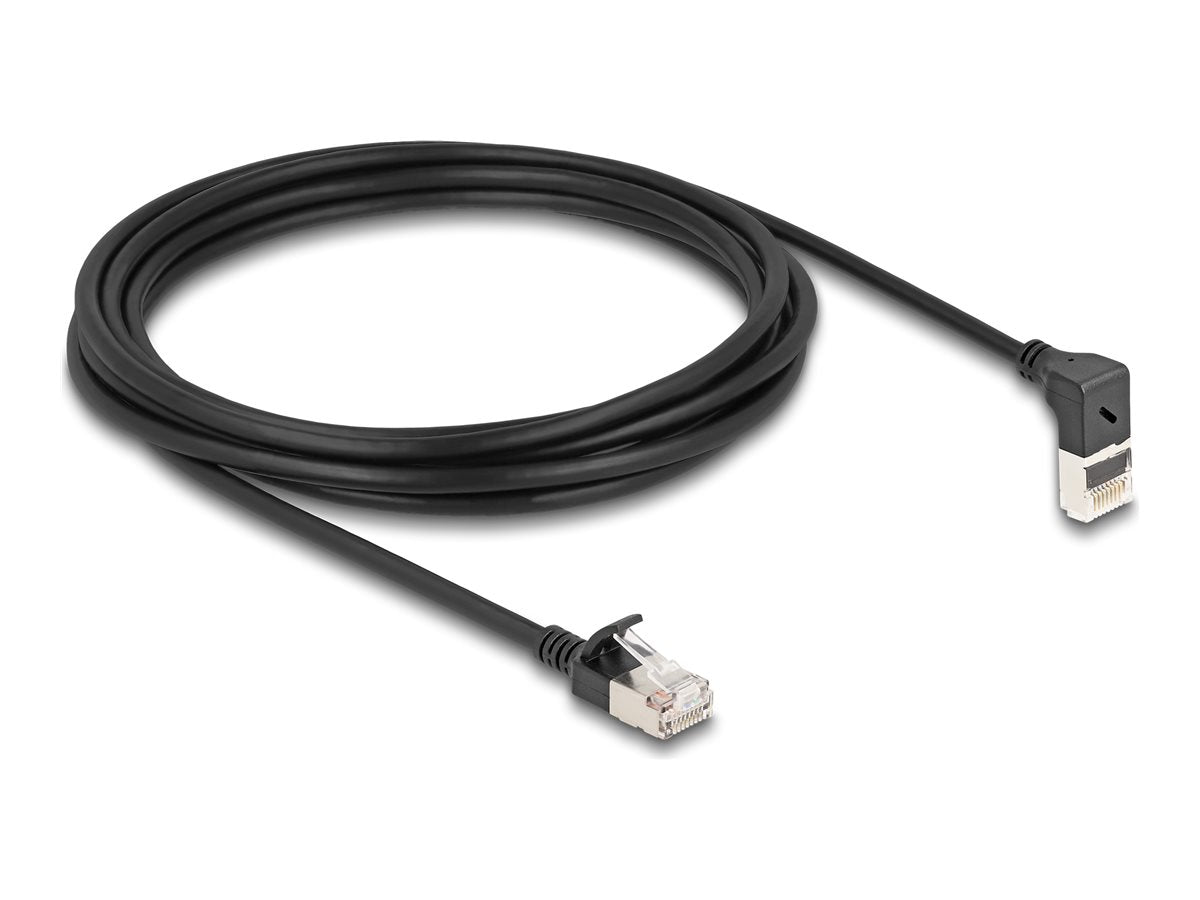 DELOCK RJ45 Netzwerkkabel Cat.6A S/FTP Slim 90 oben gewinkelt / gerade 3m schwarz - Vorderansicht