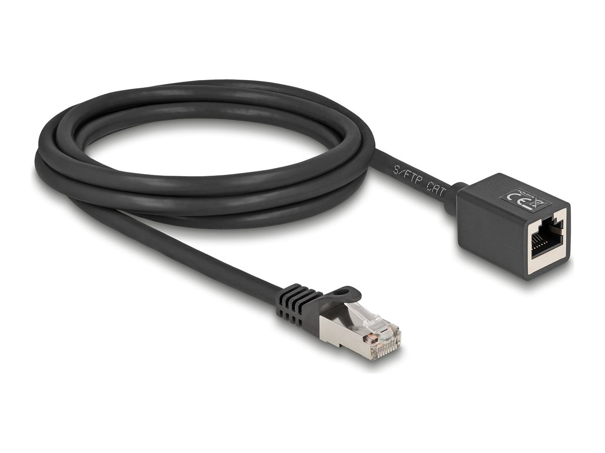 DELOCK Netzwerk Verlängerungskabel RJ45 Stecker zu RJ45 Buchse Cat.6A S/FTP 2m schwarz - Vorderansicht