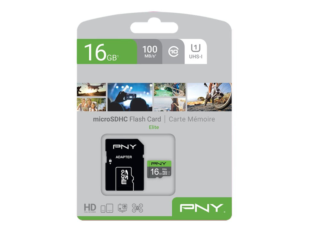 Verpackung der PNY Micro SD Card Elite 16GB HC Class 10 UHS I U1 SD adapter