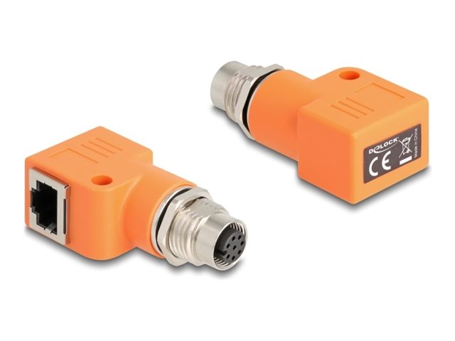 DELOCK M12 Adapter A-kodiert 8 Pin Buchse zu RJ45 Buchse Cat.5e mit Befestigungsloch 90 gewinkelt orange