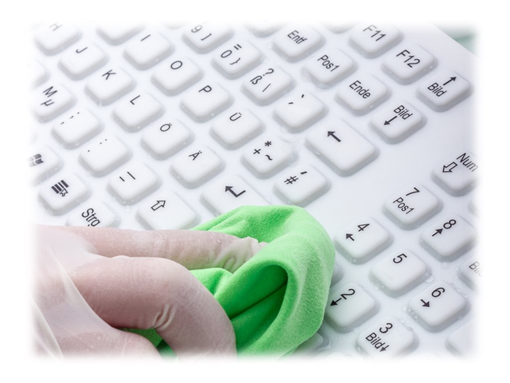 GETT InduProof Smart Classic Silikon Tastatur mit NUM-block 106 Tasten IP68 wasserdicht desinfizierbar USB Farbe: weiss Layout: CH