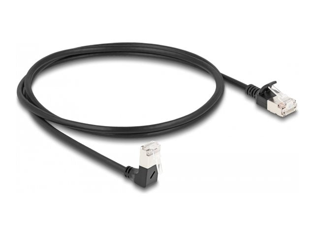 DELOCK RJ45 Netzwerkkabel Cat.6A S/FTP Slim 90 unten gewinkelt / gerade 1m schwarz - Vorderansicht
