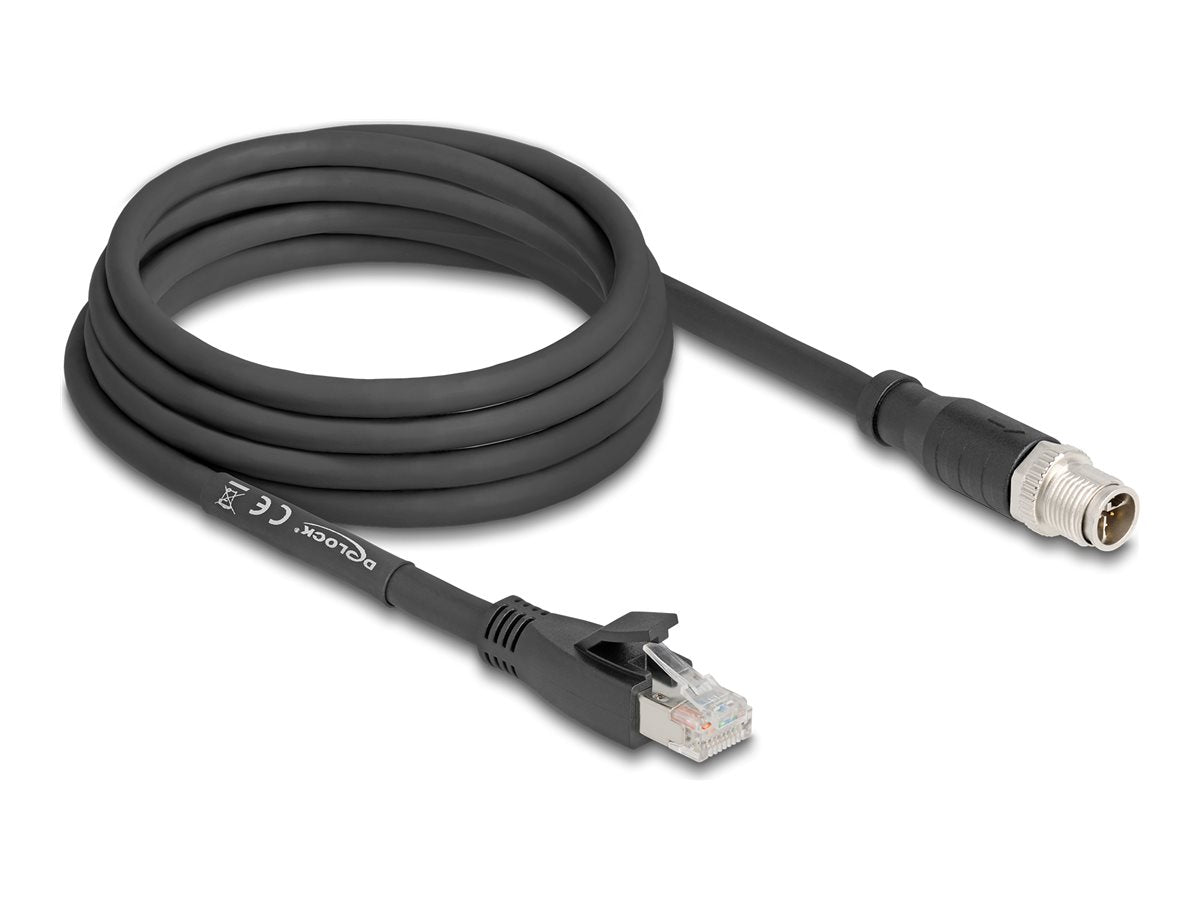 DELOCK M12 Kabel X-kodiert 8 Pin Stecker zu RJ45 Stecker Cat.5e S/FTP flexibel 3m schwarz - Vorderansicht