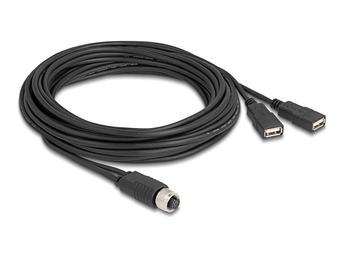 DELOCK M12 Kabel A-kodiert 8 Pin Buchse zu 2 x USB 2.0 Typ-A Buchse 5m schwarz - Vorderansicht