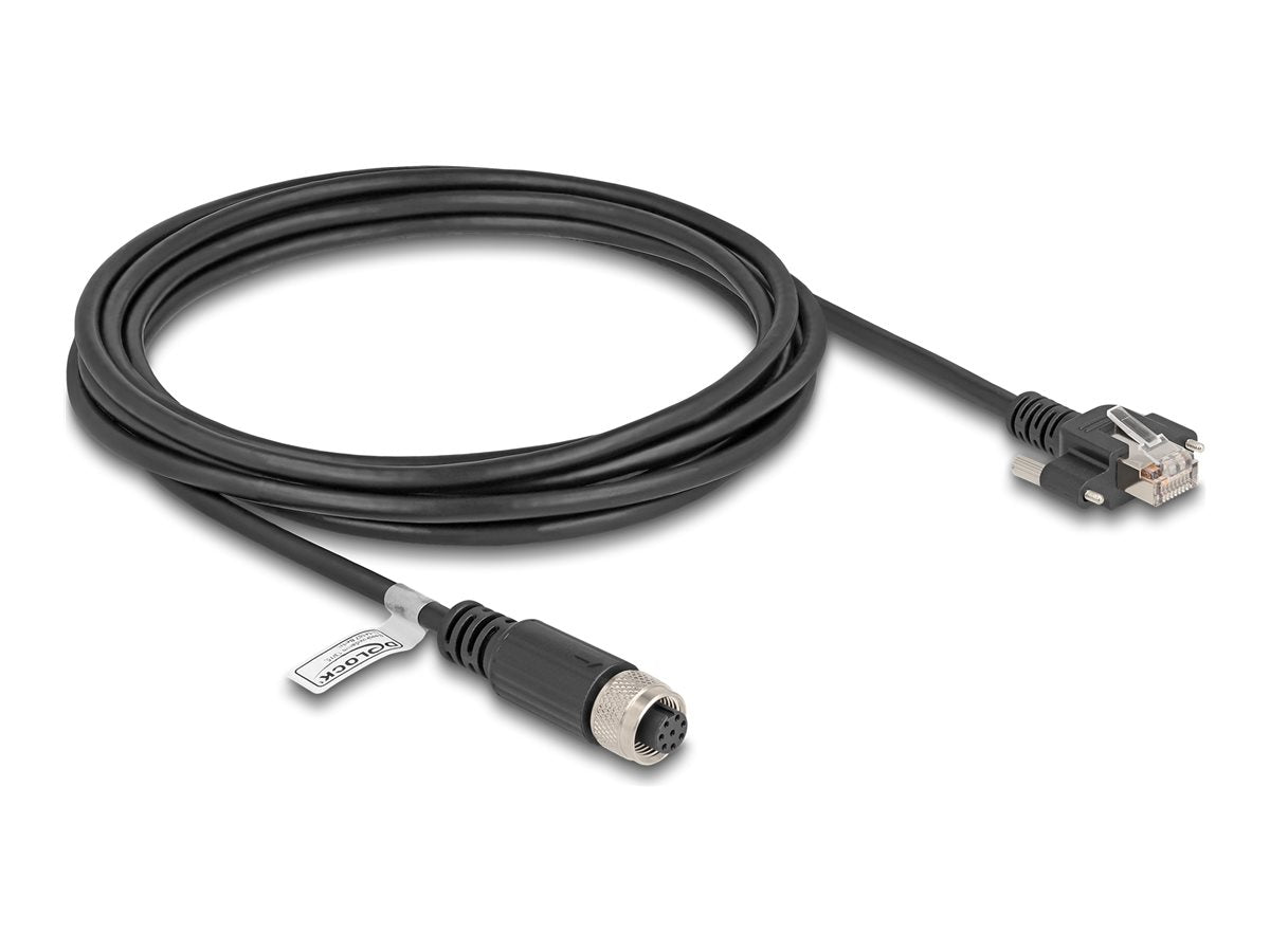 DELOCK M12 Kabel A-kodiert 8 Pin Buchse zu RJ45 Stecker Cat.5e FTP 3m schwarz - Vorderansicht