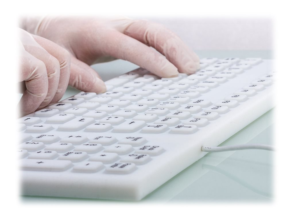 GETT InduProof Smart Classic Silikon Tastatur mit NUM-block 106 Tasten IP68 wasserdicht desinfizierbar USB Farbe: weiss Layout: CH