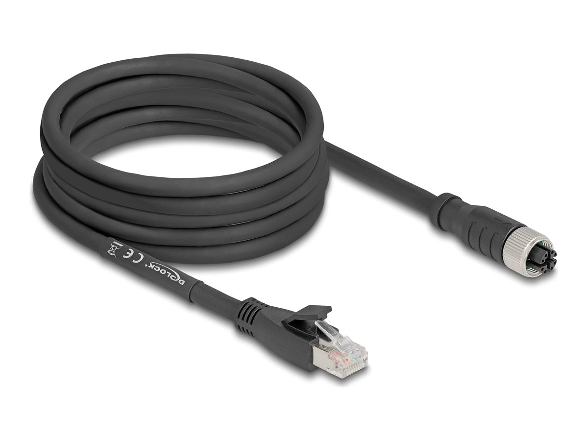 DELOCK M12 Kabel X-kodiert 8 Pin Buchse zu RJ45 Stecker Cat.5e S/FTP flexibel 5m schwarz - Vorderansicht