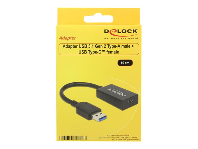 DELOCK Konverter USB 3.1 Gen 2 Typ-A Stecker > USB Type-C Buchse Aktiv schwarz 15cm Verpackung
