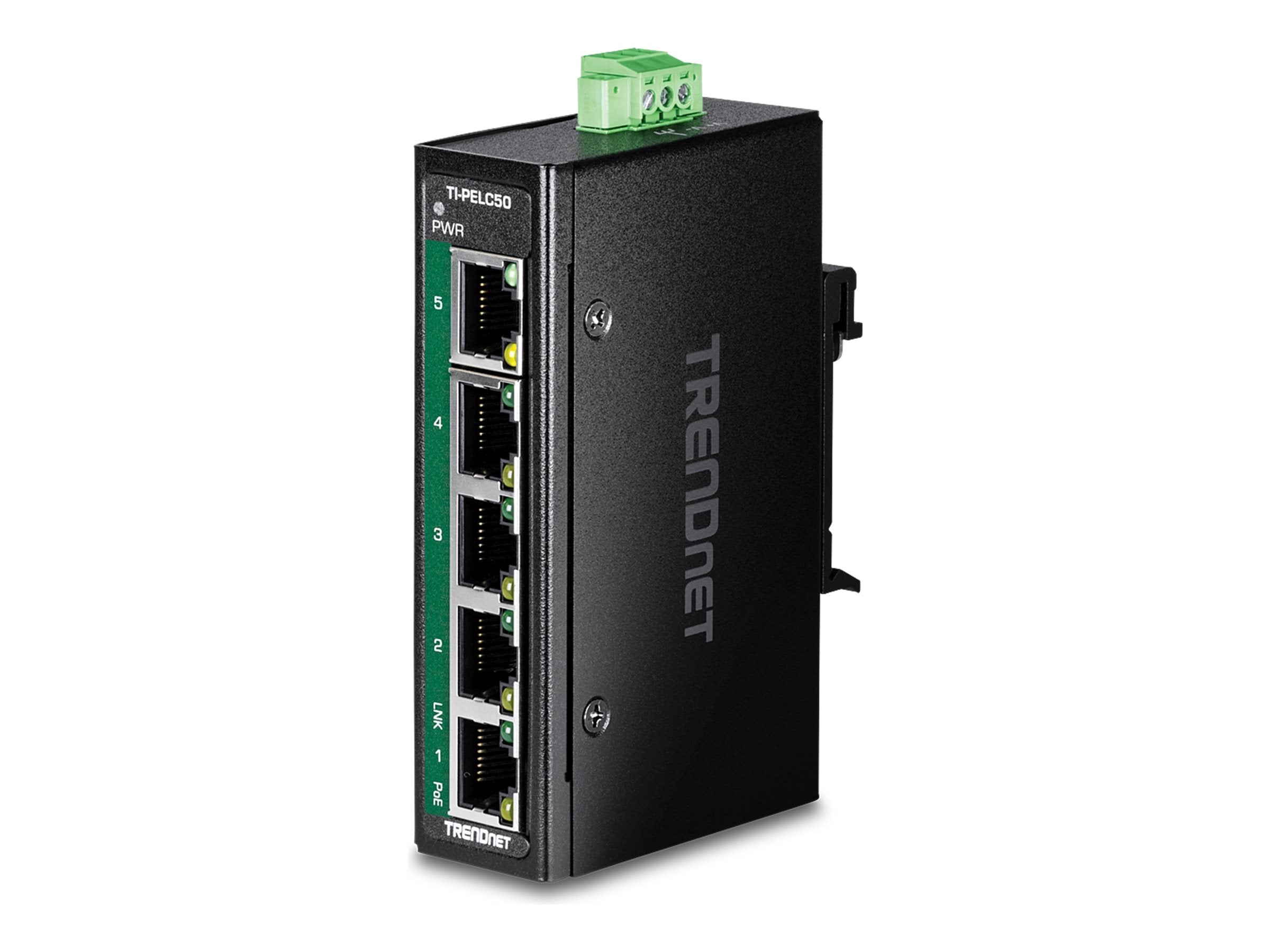 TRENDNET TI-PELC50 5-Port Ethernet PoE+ Industrial DIN-Rail Mini Switch Vorderansicht