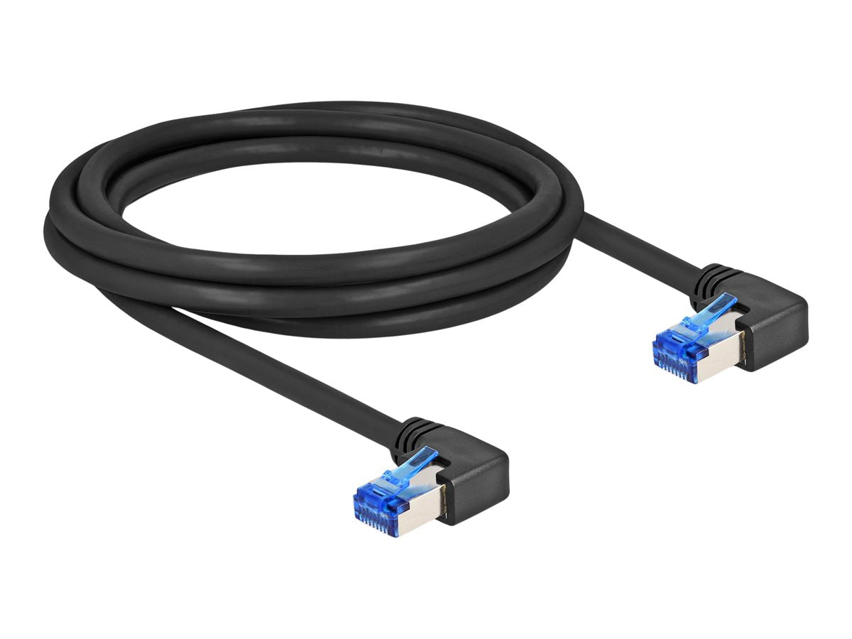 DELOCK RJ45 Netzwerkkabel Cat.6A S/FTP rechts gewinkelt 2m schwarz - Vorderansicht