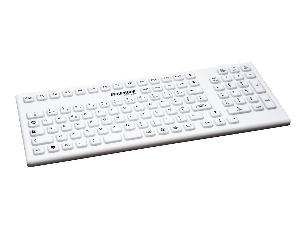 GETT InduProof Smart Classic Silikon Tastatur mit NUM-block 106 Tasten IP68 wasserdicht desinfizierbar USB Farbe: weiss Layout: CH