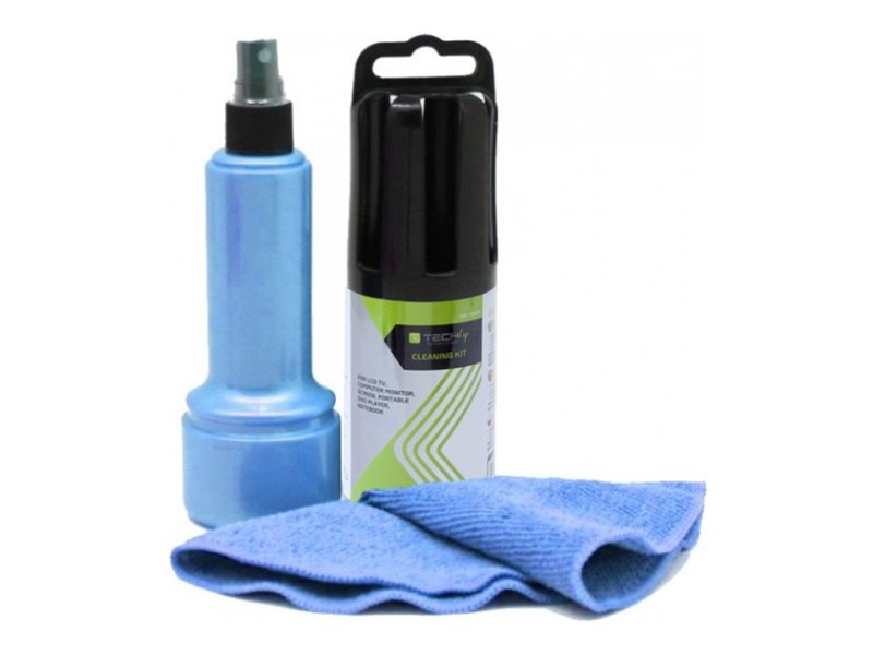 ROLINE TECHly Reinigungsspray mit blauem Tuch - Vorderansicht
