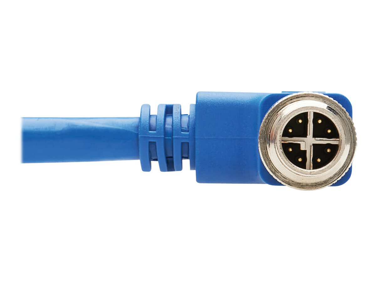 EATON TRIPPLITE M12 X-Code Cat6a 10G F/UTP CMR-LP Shielded Ethernet Cable Right-Angle M12m/RJ45m IP68 PoE Blue 1m