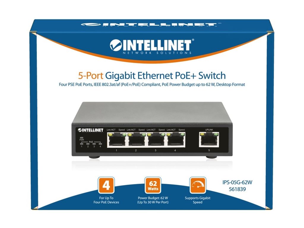 INTELLINET 5-Port Gigabit Ethernet PoE+ Switch 4 PSE PoE-Ports IEEE 802.3at/af PoE+/PoE-konform PoE-Strombudget 62W Desktop-Format