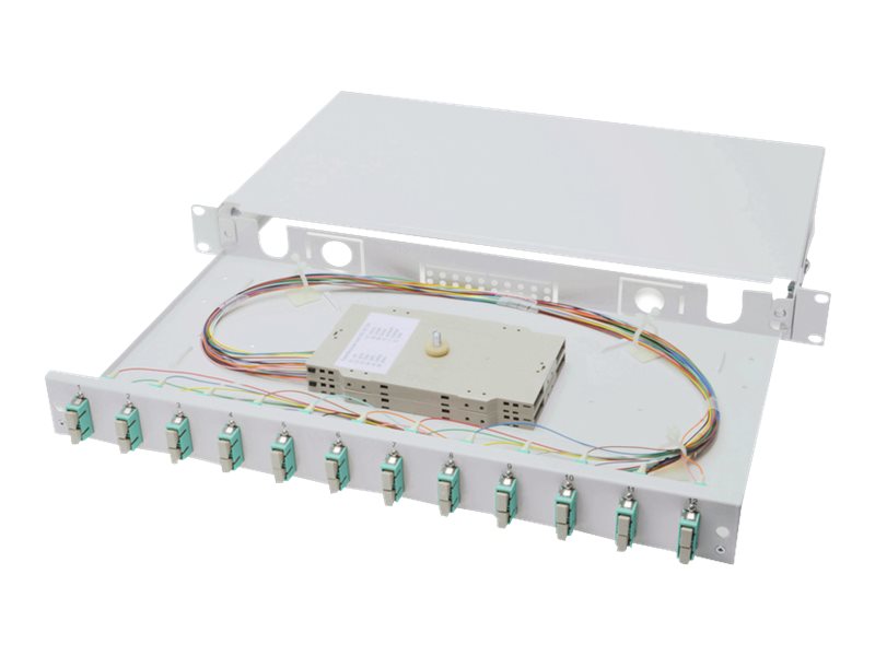 DIGITUS Ausziehbare Glasfaser - Spleissbox 1U Equipped 12xSC duplex inkl. M 25 Schraube Spleisskassette Farbige Pigtails OM3 Adapter