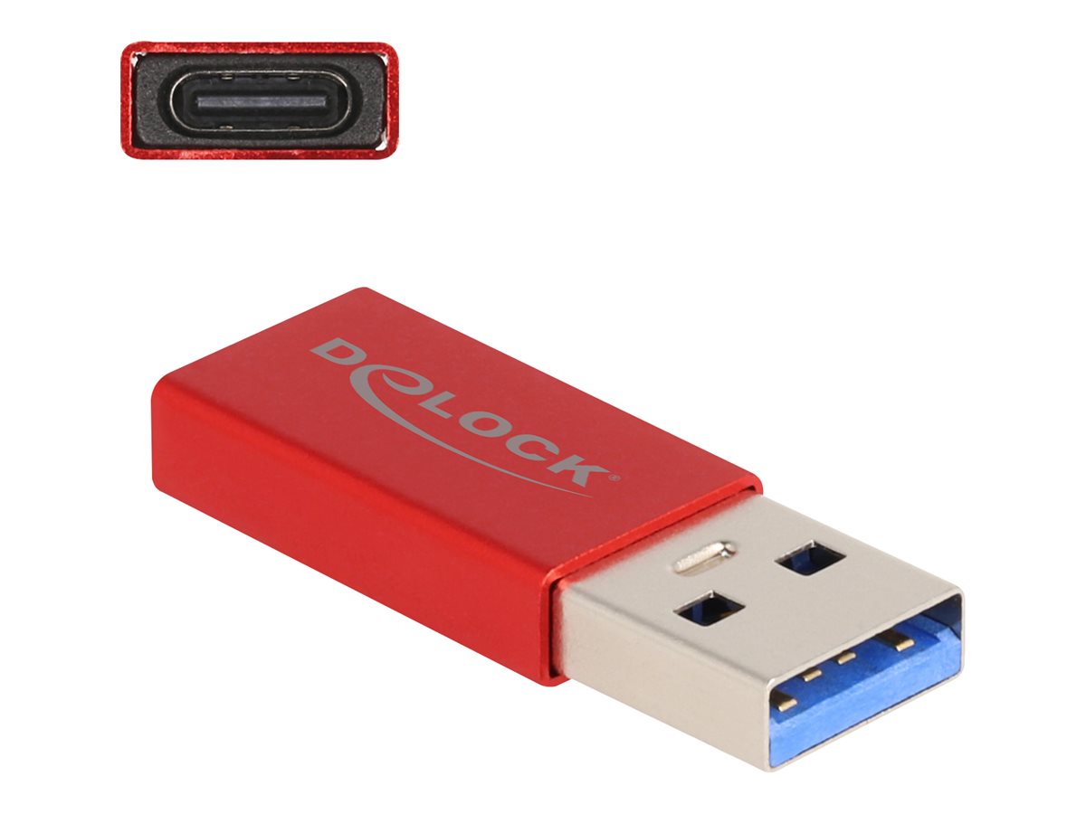 DELOCK USB 10 Gbps Adapter USB Typ-A Stecker zu USB Type-C Buchse aktiv rot - Vorderansicht