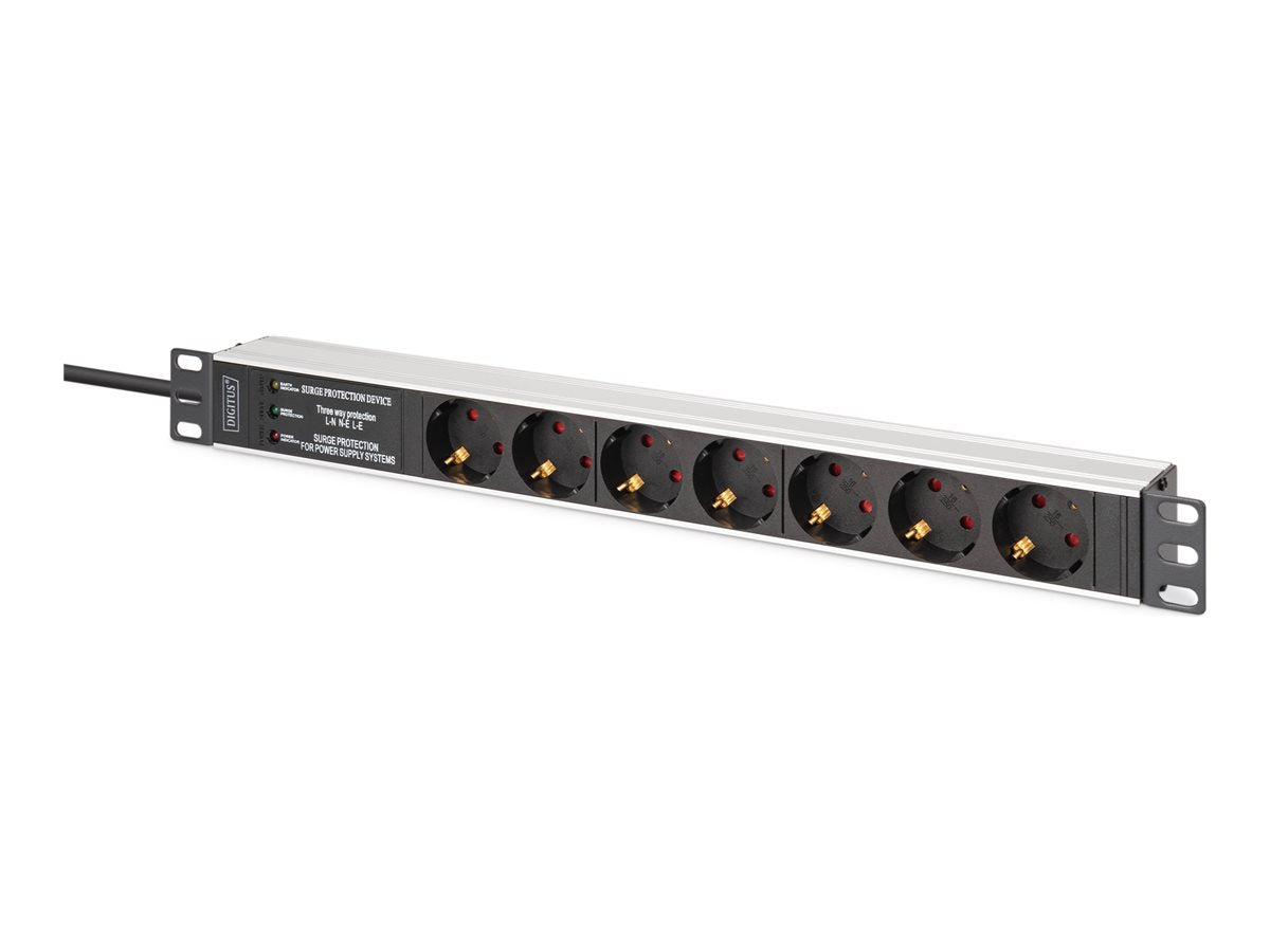 DIGITUS 1U Alu PDU Rackmount. 6x Safety outlet 1x outlet 16A 230VAC 50/60Hz Surge Protection Line Filter