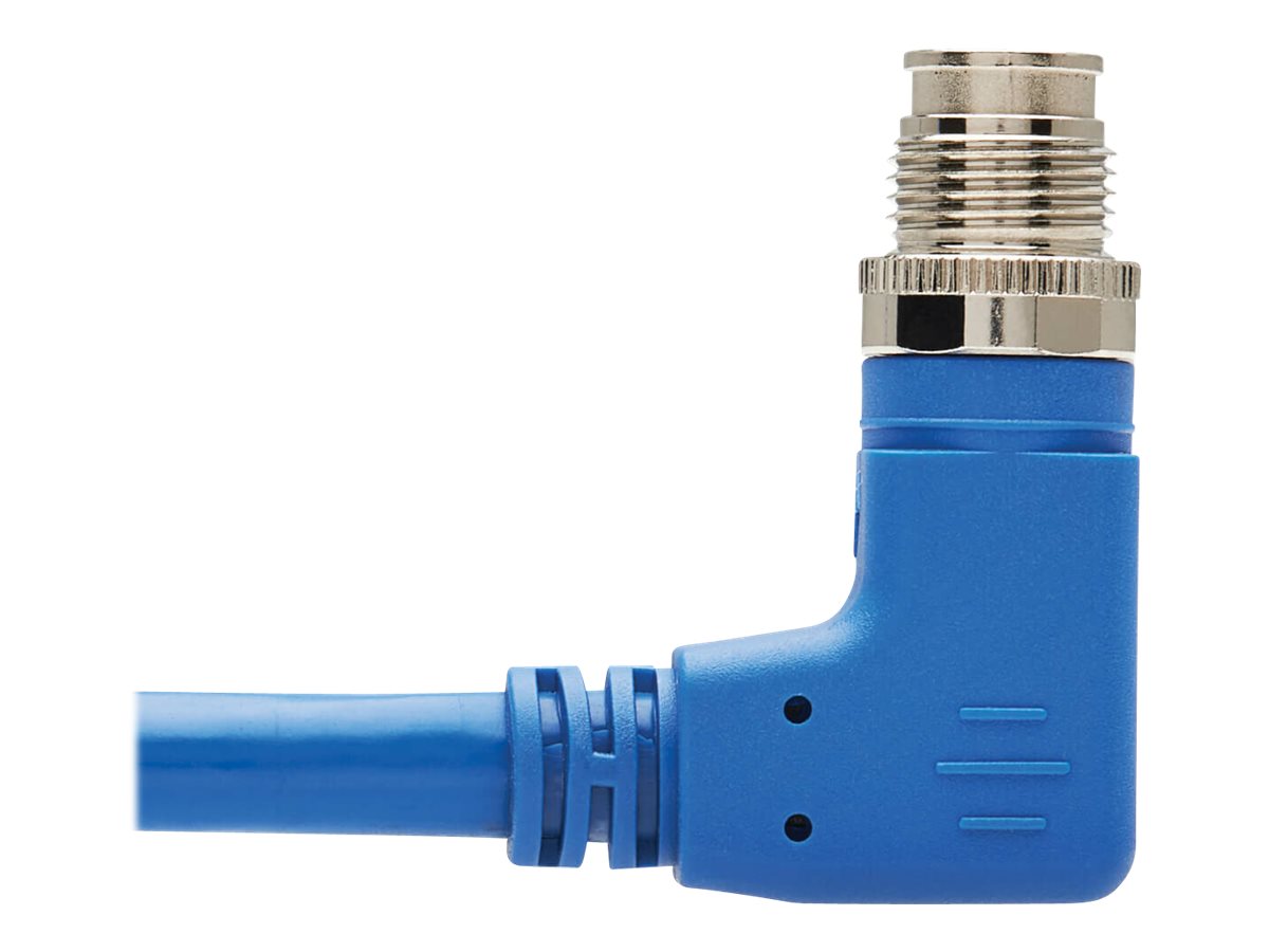 EATON TRIPPLITE M12 X-Code Cat6a 10G F/UTP CMR-LP Shielded Ethernet Cable Right-Angle M12m/RJ45m IP68 PoE Blue 10m