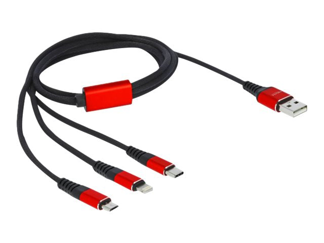 DELOCK USB Ladekabel 3in1 Typ-A zu Lightning / 2x USB Type-C 1m - Vorderansicht