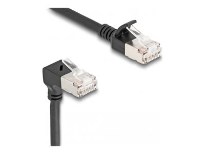 DELOCK RJ45 Netzwerkkabel Cat.6A S/FTP Slim 90 unten gewinkelt / gerade 3m schwarz - Vorderansicht