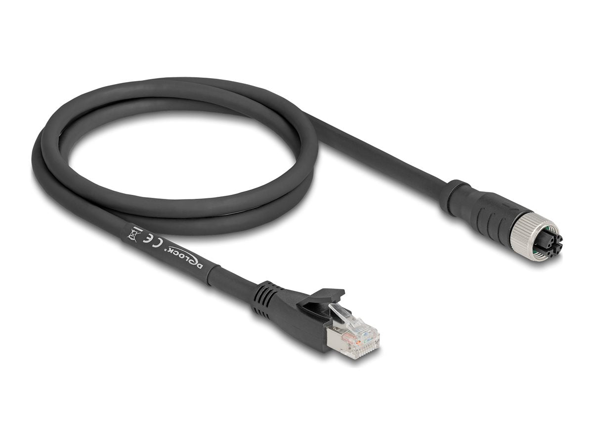 DELOCK M12 Kabel X-kodiert 8 Pin Buchse zu RJ45 Stecker Cat.5e S/FTP flexibel 1m schwarz - Vorderansicht