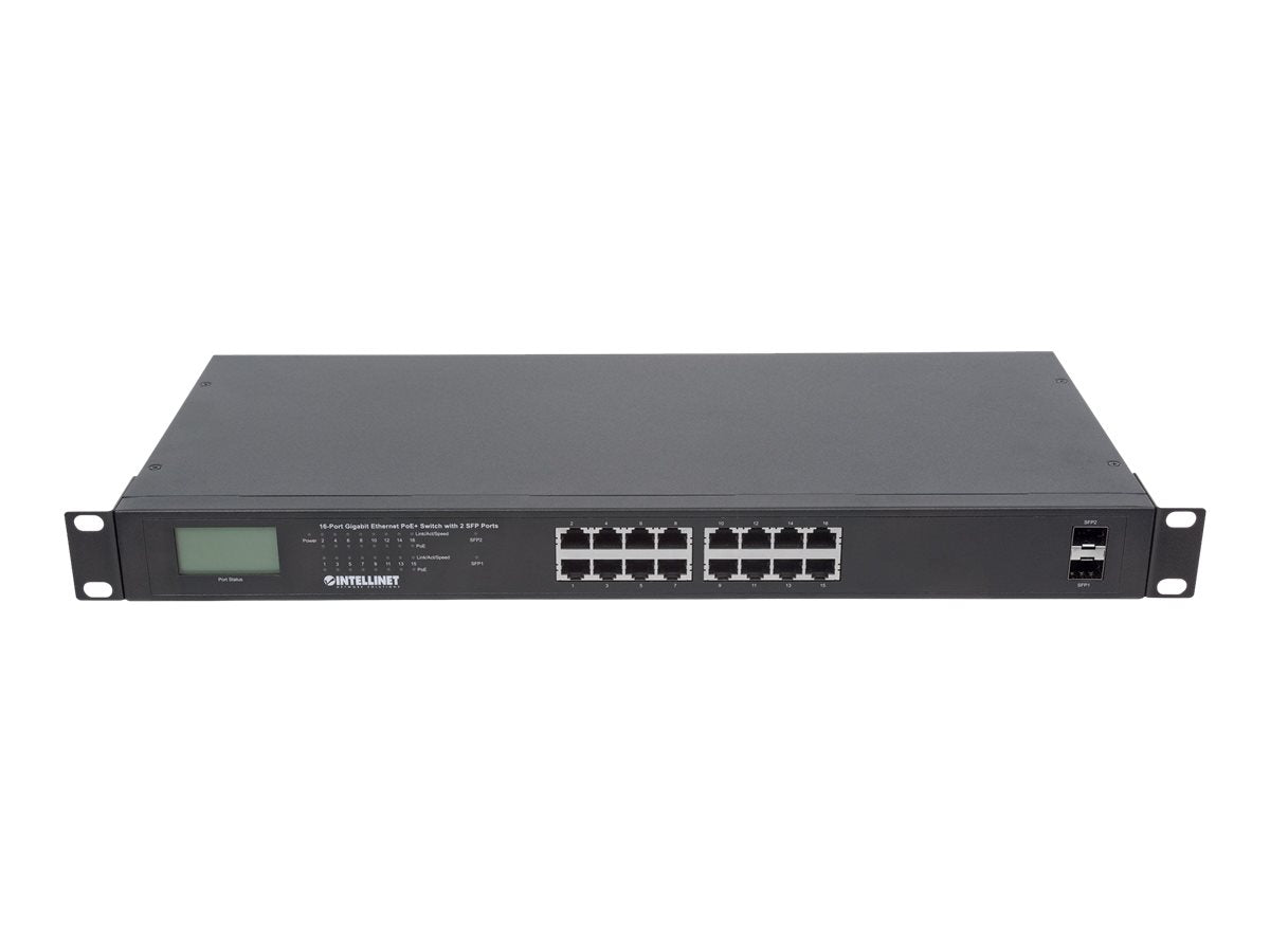 INTELLINET 16-Port Gigabit Ethernet PoE+ Switch mit 2 SFP-Ports und LCD Anzeige (PoE+/PoE) 370 W Endspan 19 Zoll Rackmount schwarz