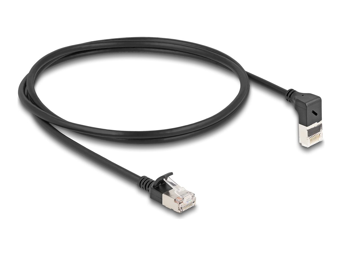 DELOCK RJ45 Netzwerkkabel Cat.6A S/FTP Slim 90 oben gewinkelt / gerade 1m schwarz - Vorderansicht