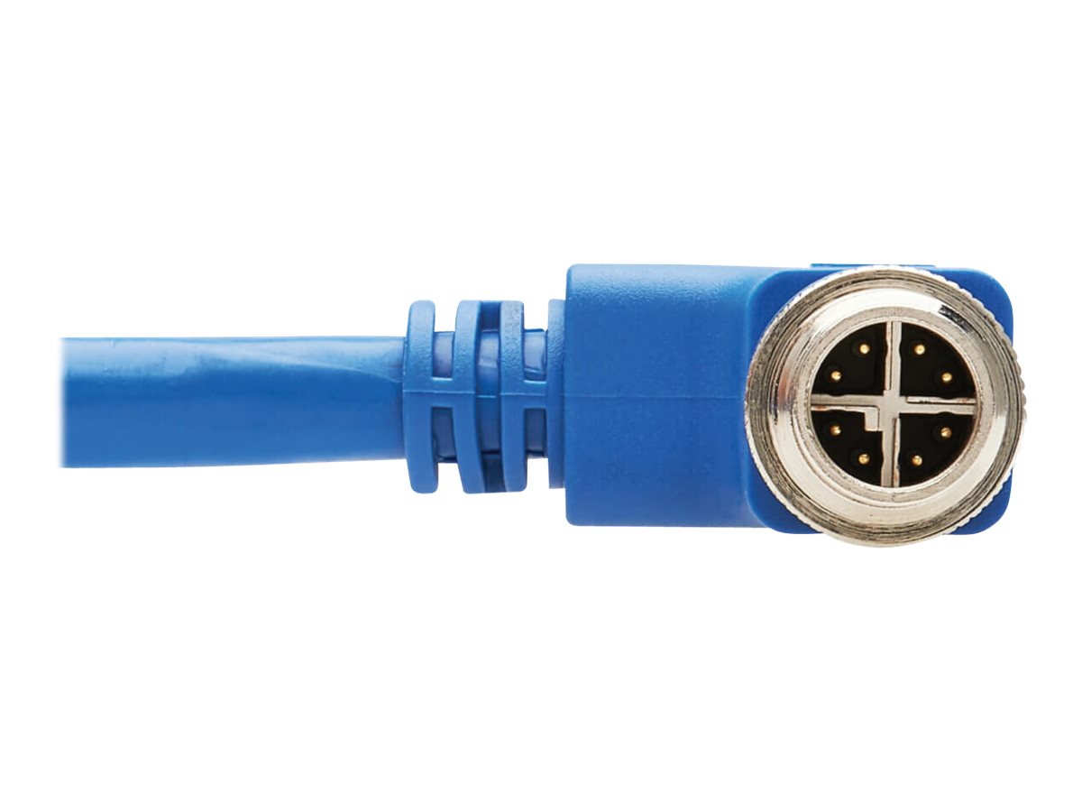 EATON TRIPPLITE M12 X-Code Cat6a 10G F/UTP CMR-LP Shielded Ethernet Cable Right-Angle M12m/RJ45m IP68 PoE Blue 10m