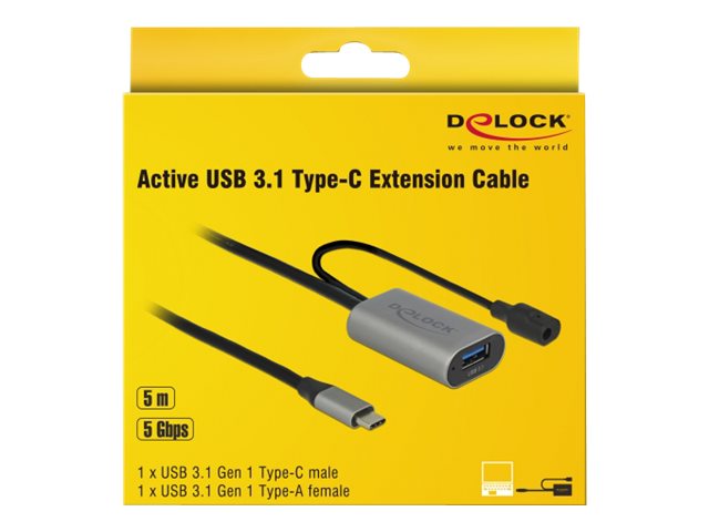 DELOCK Aktives USB 3.1 Gen 1 Verlängerungskabel USB Type-C zu USB Typ-A 5 m - Verpackung