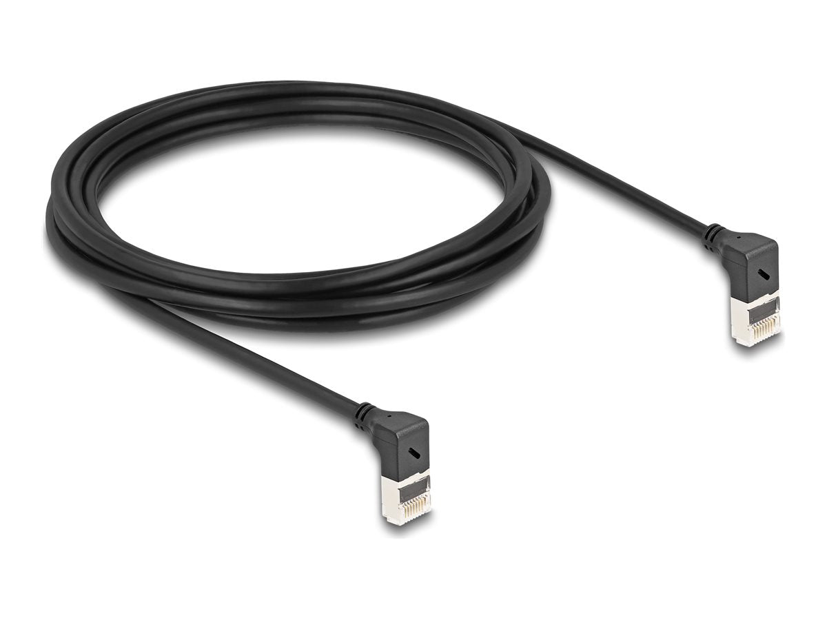 DELOCK RJ45 Netzwerkkabel Cat.6A S/FTP Slim 90 oben / oben gewinkelt 3m schwarz - Vorderansicht